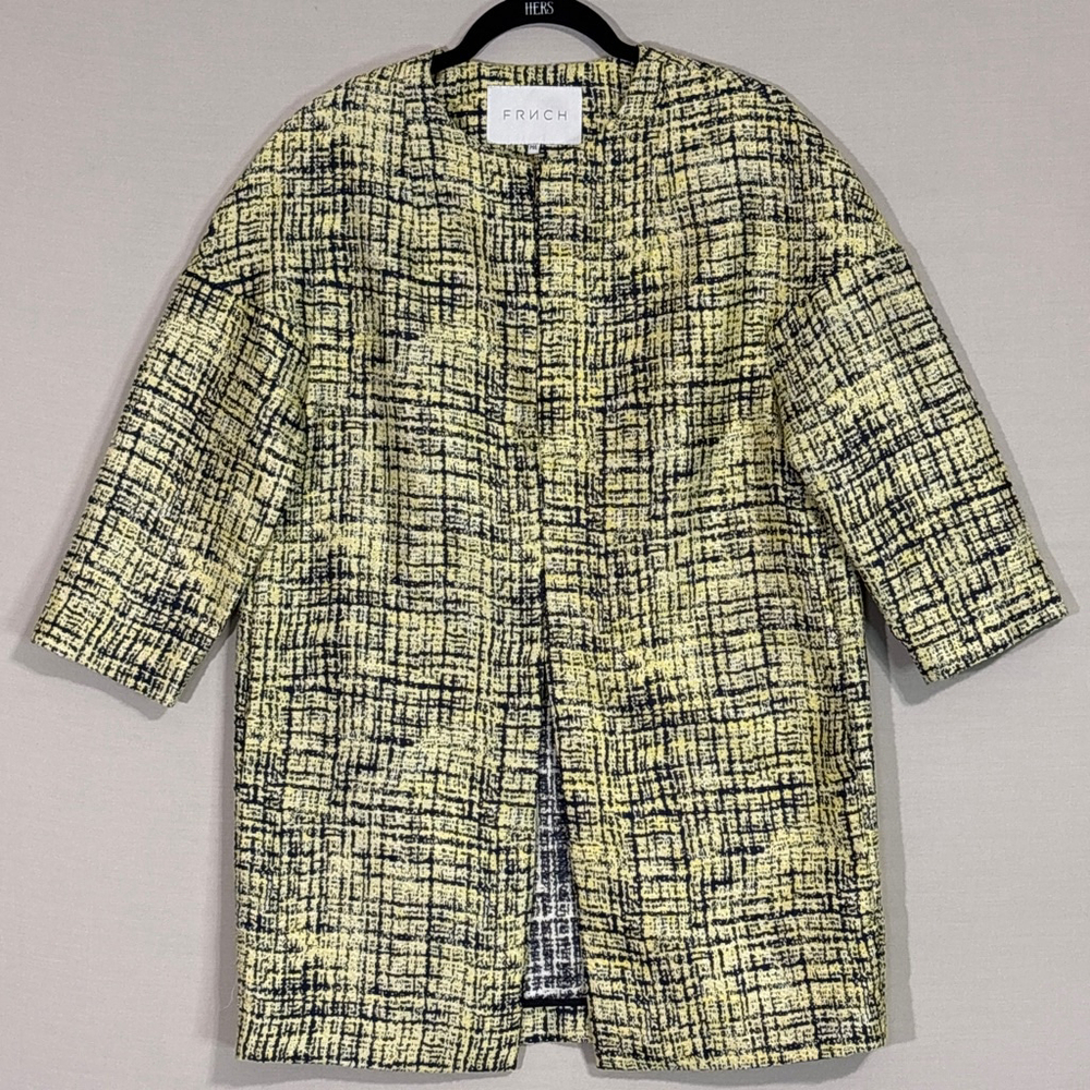 FRNCH Paris Yellow Blue Tweed Long Jacket M/L | Clasp Closure Coat